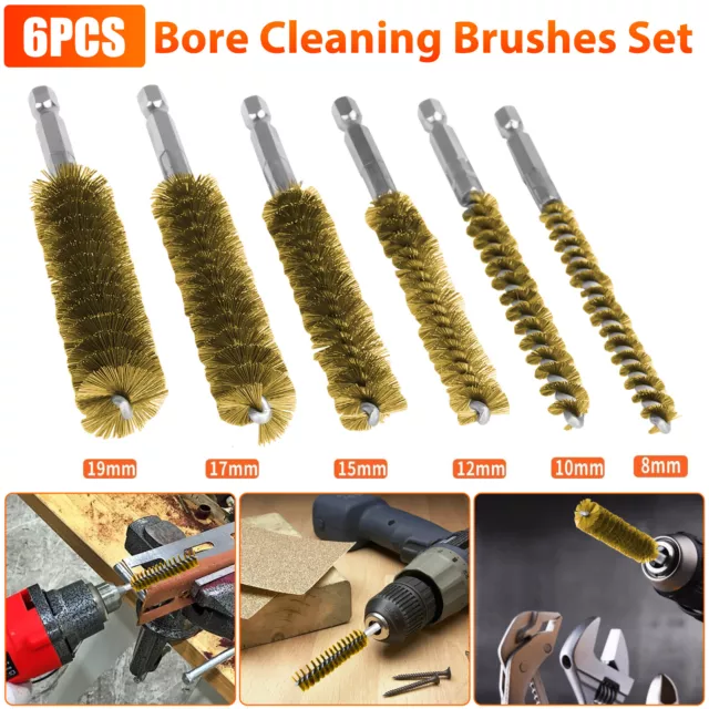 6x 1/4in Hex Shank Brass Bore Cleaning Brushes 8-19mm Wire Brush for Power Drill