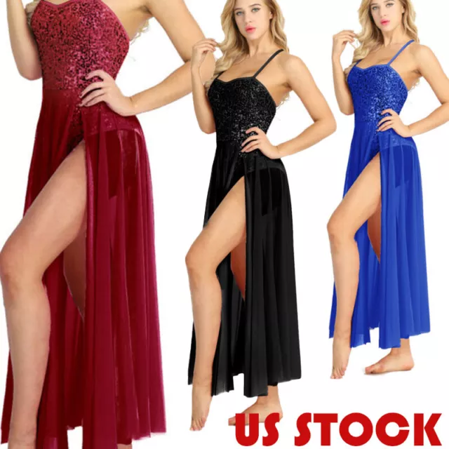 US Sequins Lyrical Women's Ballet High Low Dance Dress Leotard Camisole Dress