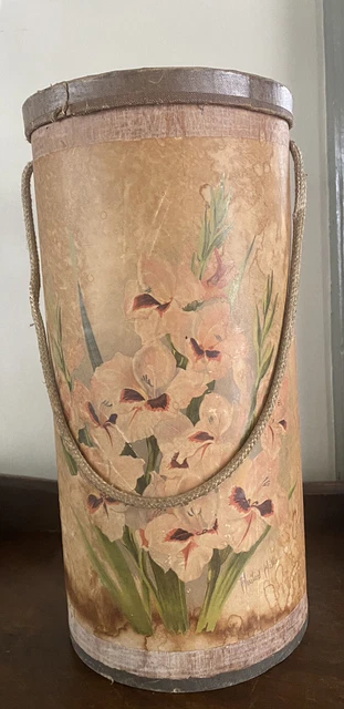 Antique Paper Covered Sewing Box Tall Winifred Walker's  "The Garden Trust" Iris
