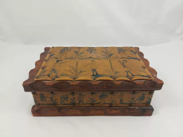 Solid Wood Handmade Trinket Box Hinged Lid Hand Painted Leather Decor