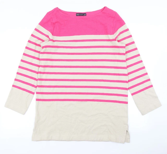 M&S Colelction Womens Beige Round Neck Striped Cotton Pullover Jumper Size 12