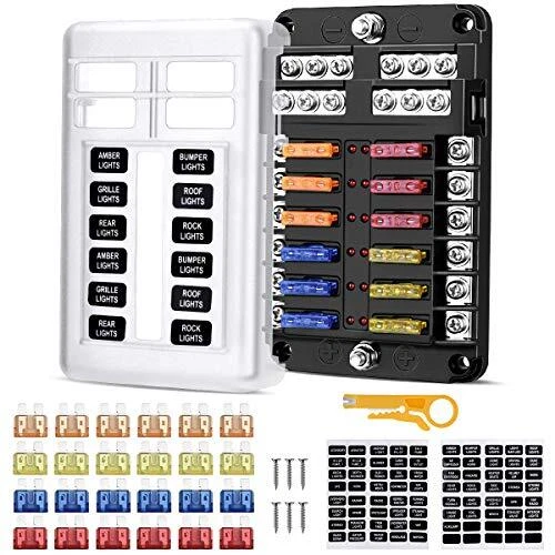 Boîte à Fusibles 8 Voies 12V/24V/32V/48V Avec Couverture Étanche - Porte-Fusible Lame Standard + 10 Fusibles