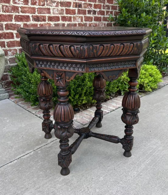 Antique French Table Octagonal Renaissance Revival Carved Oak 19th C