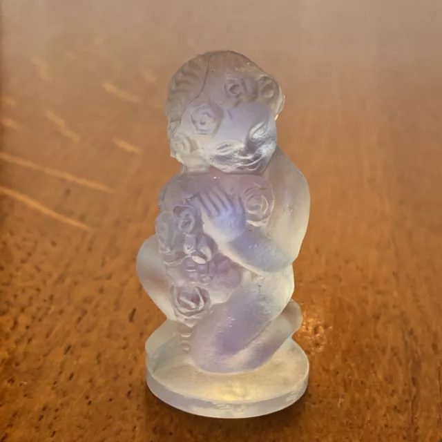 Sabino Art Glass Paris France Opalescent Crystal Child Cherub Roses Figurine