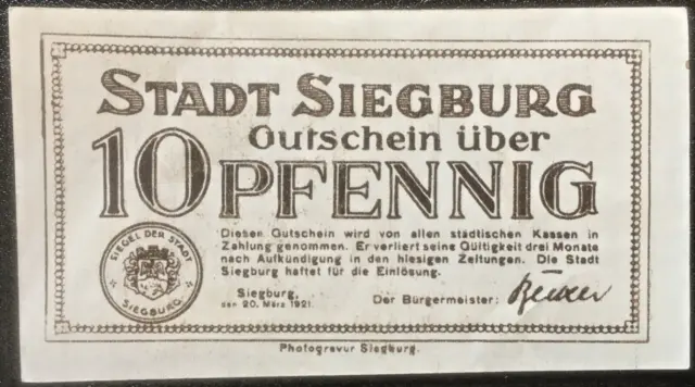 10 Pfennig Stadt Siegburg 1921    Notgeld  (#23.12.2#)