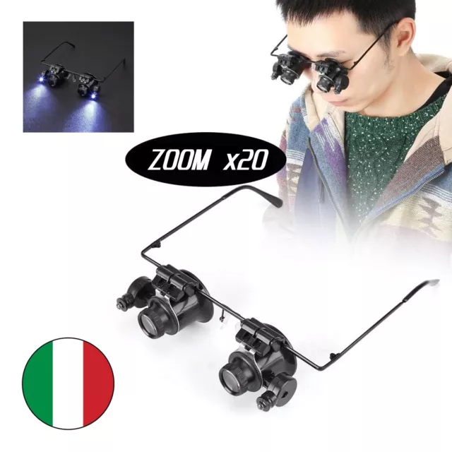 Occhiali Lente Ingrandimento Zoom 20X Precisione Oculari 4 Lenti Luci Led