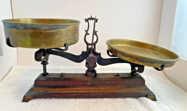 Antique Balance Scale Cast Iron Brass Pans 3 K Apothecary Merchant 15.5"l