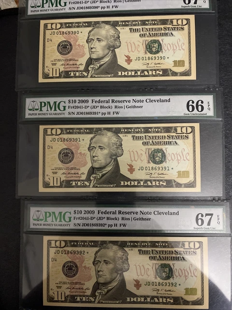 3 CONSECUTIVE 2009 CLEVELAND Ten Dollar PMG GEM UNC 66/67 EPQ $10 STAR NOTES