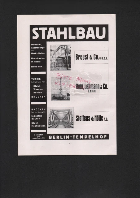BERLIN-TEMPELHOF, Werbung 1935, Stahlbau Breest & Co. GmbH Hein, Lehmann & Co. G