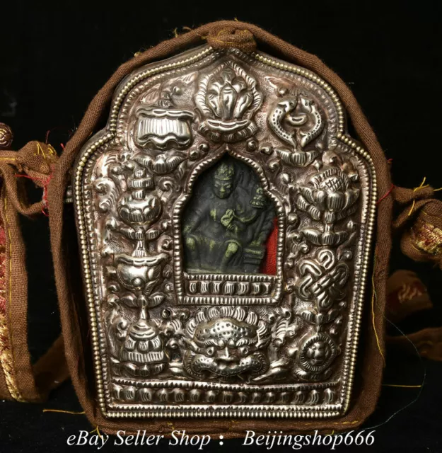 6" Old Tibet Silver Carving Temeple Buddha 8 Auspicious Symbol Ga Wu Box