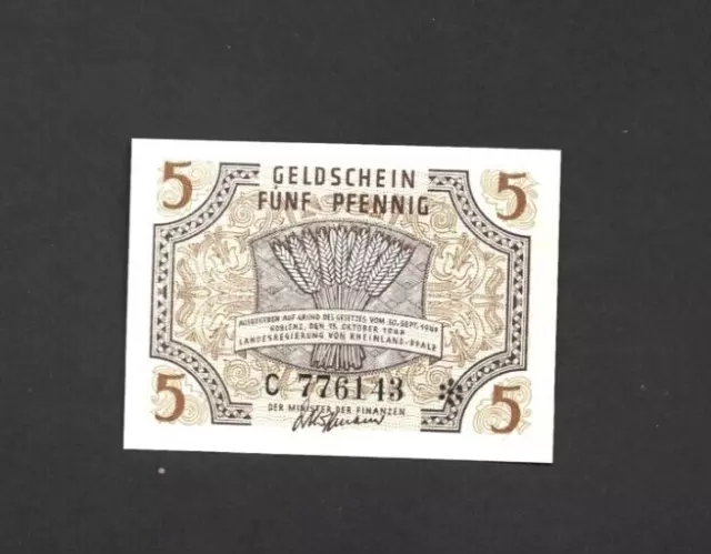 5 Pfennig Unc Banknote From French Occupied Germany/Rheinland 1947 Pick-S1004