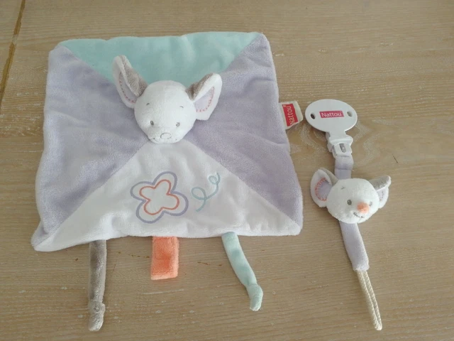 Nattou Doudou Plat Souris  Parme Mauve Bleu Fleur + Attache Tétine