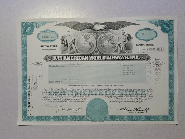 Pan American World Airways Cancelled Stock Certificate