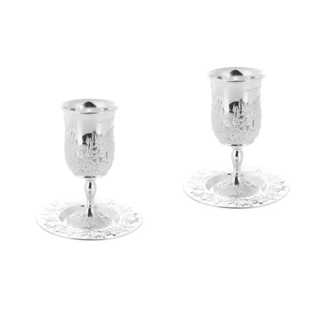 2 Sets Silver Plated Kiddush Cup With Saucer Judaica Shabbos Wine Cup Passover