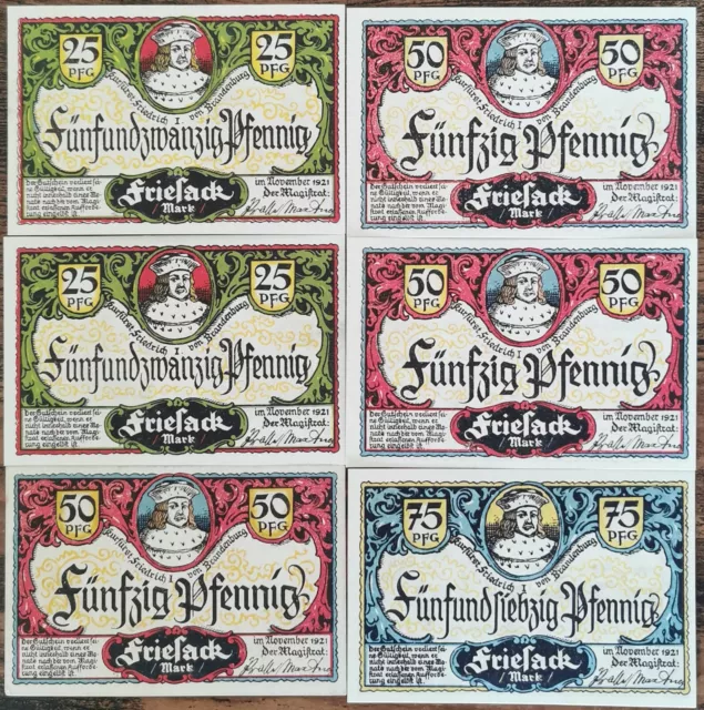 Lot 6 billets Allemagne BRANDERBURG FRIESACK STADT  1921 - UNC  Mehl 396.1