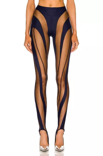 Mugler Women's Sheer Spiral Leggings Mesh Midnight Blue & Black Size 42 / 10 US