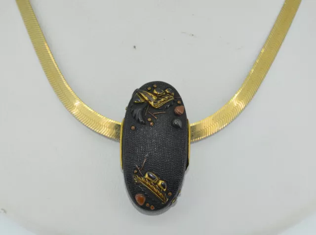 Antique Shakudo Pendant with a Silver Gilt Herringbone Chain