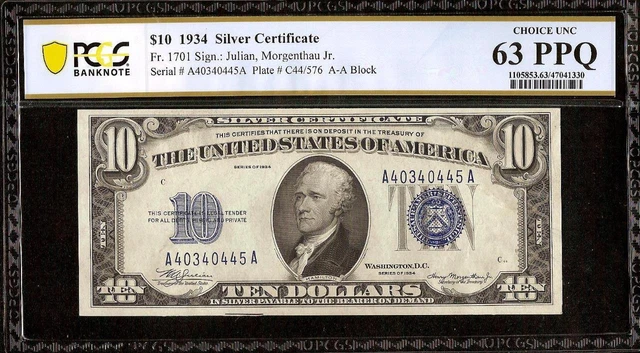UNC 1934 $10 DOLLAR BILL SILVER CERTIFICATE BLUE SEAL NOTE Fr 1701 PCGS 63 PPQ