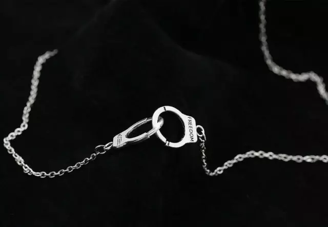 MIP- Antique Silver tone Handcuffs pendant with matching hoop chain 2