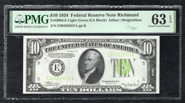 Fr. 2004-E 1934 $10 Lgs Light Green Seal Frn Richmond, Va Pmg Unc-63Epq (E)