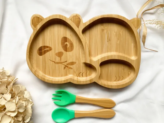 Bambus Babyteller; Kindergeschirr mit Saugnapf, Besteck: Panda Grün
