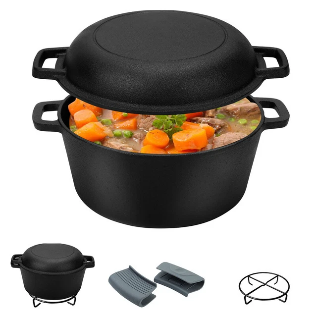 Dutch Oven Camping Ca. 6,4L Gusseisen inkl Silikongriffe 2 in1-Deckel Schwarz