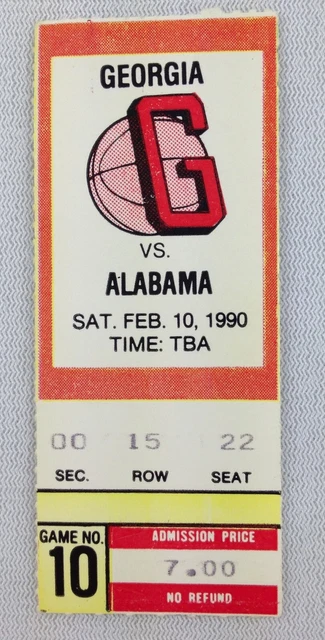 1990 02/10 Alabama at Georgia Basketball Ticket Stub