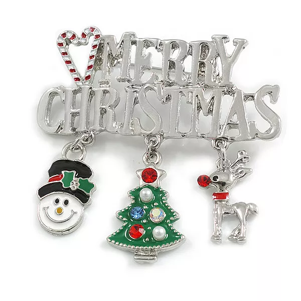 Holiday Enamel Crystas Charm Merry Christmas Xmas Festive Brooch Pin In Silver