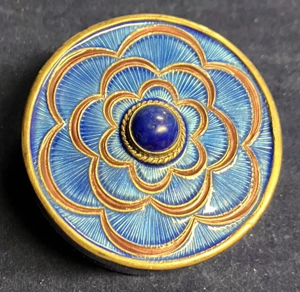 Sterling Silver And Enamel Gemstone Vintage Round  Pill / Snuff / Trinket Box