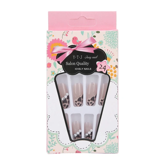 24 Pièces Faux Ongles Pointe Imprimé Léopard Fausse Perle Faux Ongles Filles