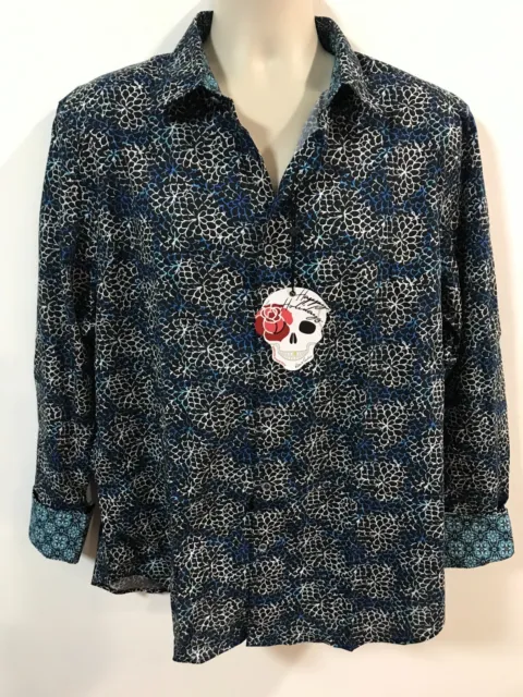 Robert Graham BALTIC Men's Size M Navy Long Sleeve Print Woven Shirt $198 NWT