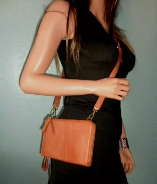 NWT Rachel Roy Zip Saddle Leather Crossbody Shoulder Bag With Wristlet Strap