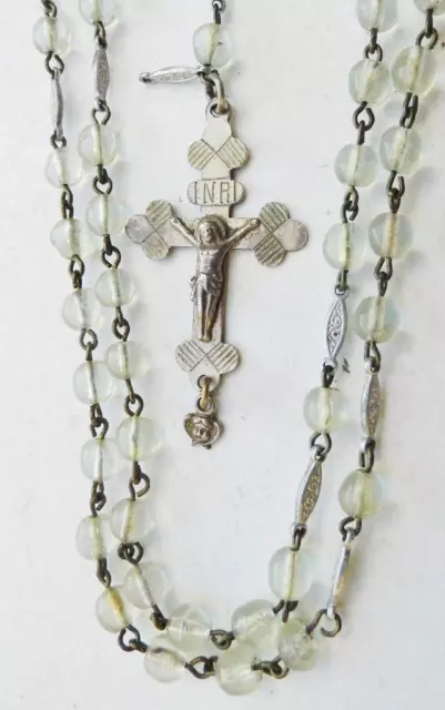 Unusual Antique Crystal Rosary Beads Cross Sterling Silver Baroque Crucifix 18in