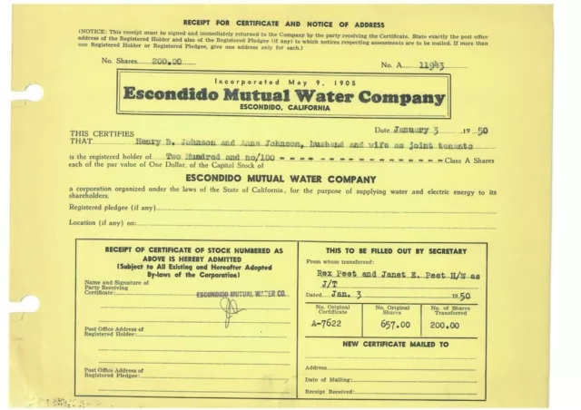 Escondido Mutual Water Company Stock Certificate