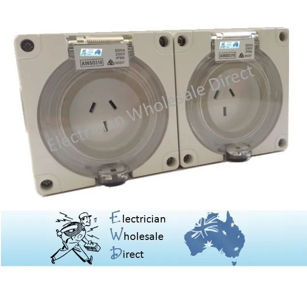 2 x 15 Amp 3 pin single phase Outlet Socket IP66 Weatherproof Industrial ONLY