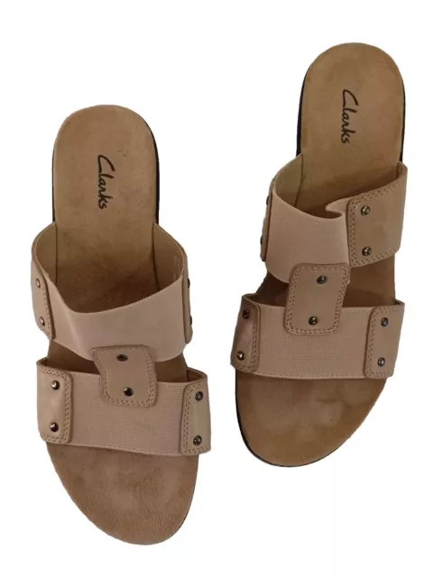 Clarks Women's Beige Leather Open-Toe Wedge Heel Slip-On Slide Sandals Size US 7