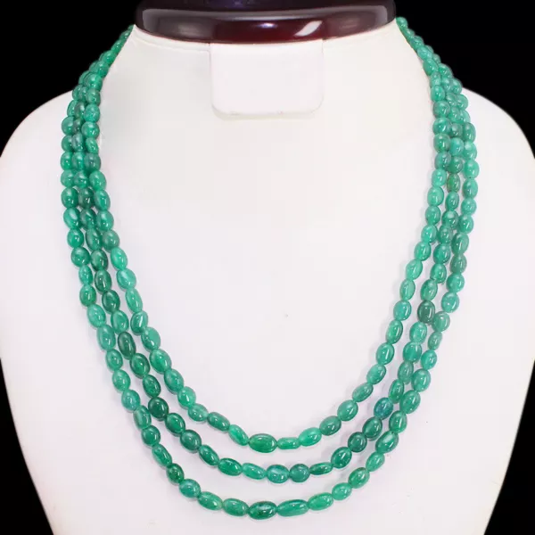 Amazing Ever 327.00 Cts Earth Mined Green Emerald 3 Line Oval Beads Necklace