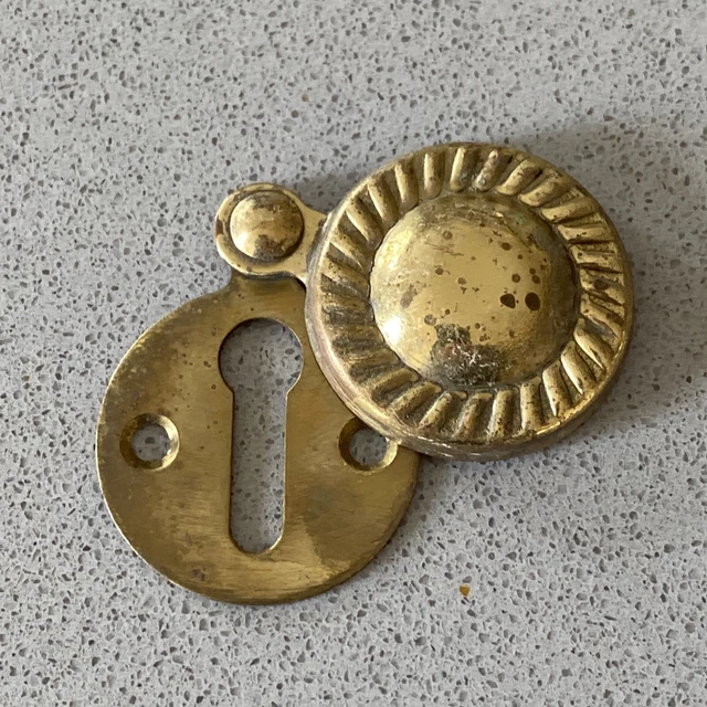 One Ornate Round BRASS  ESCUTCHEON KEYHOLE RECLAIMED 1980’s Hollow / Pressed