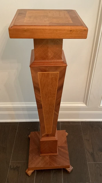 VINTAGE WOODEN PEDESTAL Plant Stand; Detailed Inlay; 36.5 Inch Height
