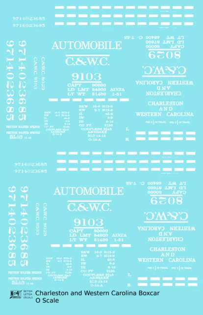 K4 O Scale Decals Charleston and Western Carolina 40 Ft Boxcar White