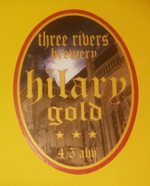 Beer pump clip badge 3 RIVERS brewery HILARY GOLD real ale CLOSED Manchester