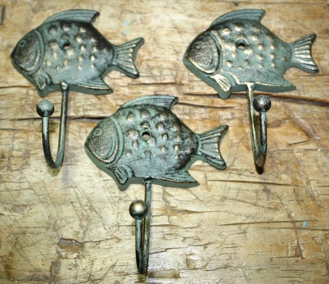 3 Cast Iron Antique Style SUN FISH Coat Hooks Hat Hook Rack Towel Nautical Beach