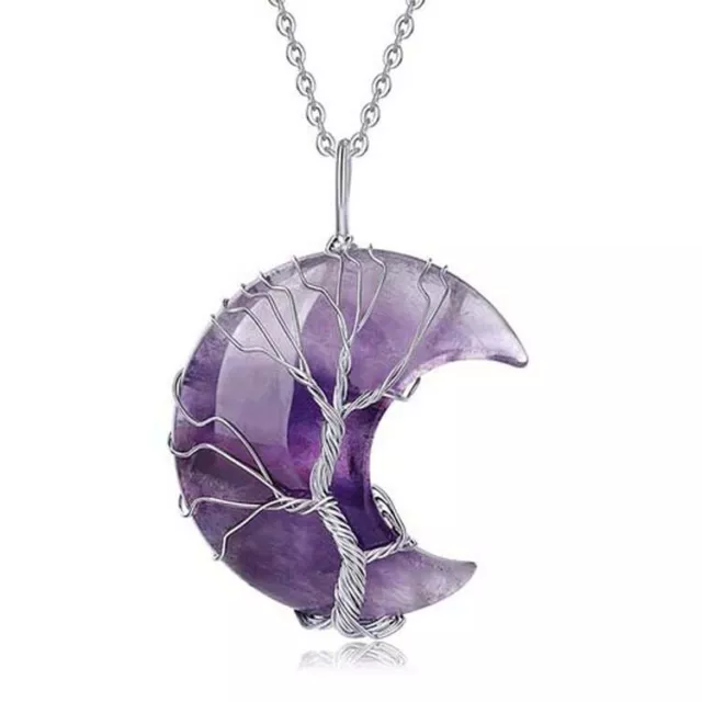 Natural Healing Crystal Quartz Tree Of Life Moon Crescent Stone Pendant Necklace