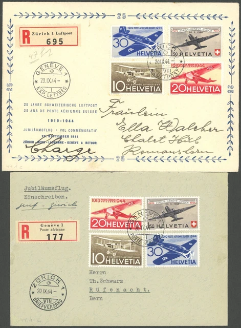 LUFTPOST 20.9.1944, ZÜRICH-GENF und GENF-ZÜRICH, 2 Einschreibbriefe,