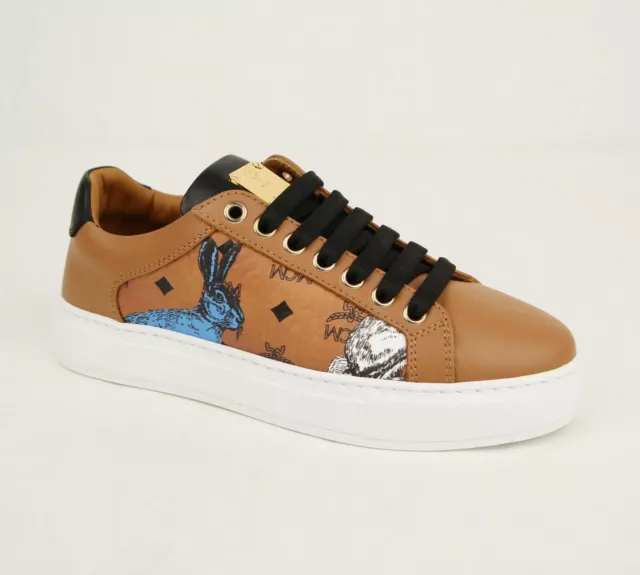 $550 MCM Women's Cognac Brown Visetos Leather Rabbit Print Sneaker MES9AMM76CO0