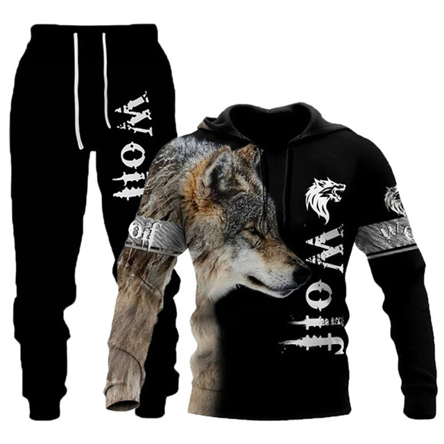 Mens 3D Print Hoodie Tracksuit Set Slim Sport Gym Hooded Sweatshirt Jogger Top