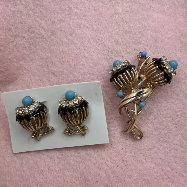 CORO BLACK Enamel Turquoise Blue Bead & Rhinestone Flower Pin Brooch & Earrings