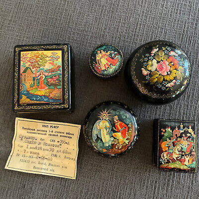 Five Vintage Hand Painted Russian Lacquer Boxes
