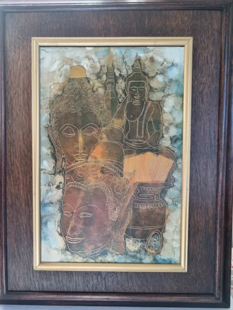 Vintage Balinese Picture 4 Textured Heads Carved Picture Timber Frame