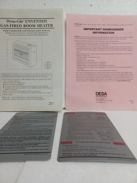 DYNA-GLO Unvented Gas-fired Room Heater GH-55 GH-45 Owners & Install Manual